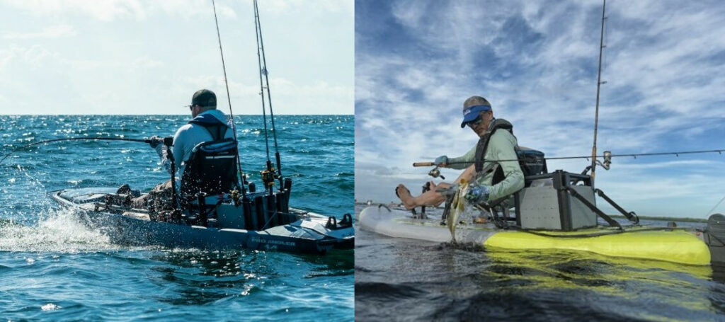 Foto che mette a confronto un Kayak da Pesca Gonfiabile ed un Kayak da Pesca Rigido